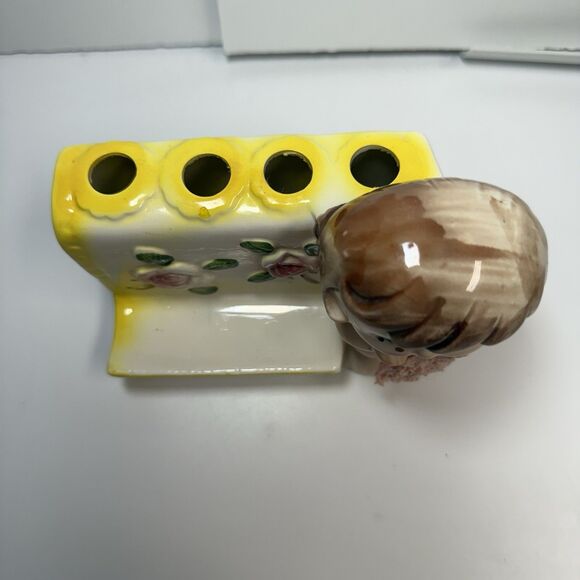 Vintage Kitsch Retro Ceramic Little Girl Toothbrush Or Makeup Brush Holder - Picture 7 of 8